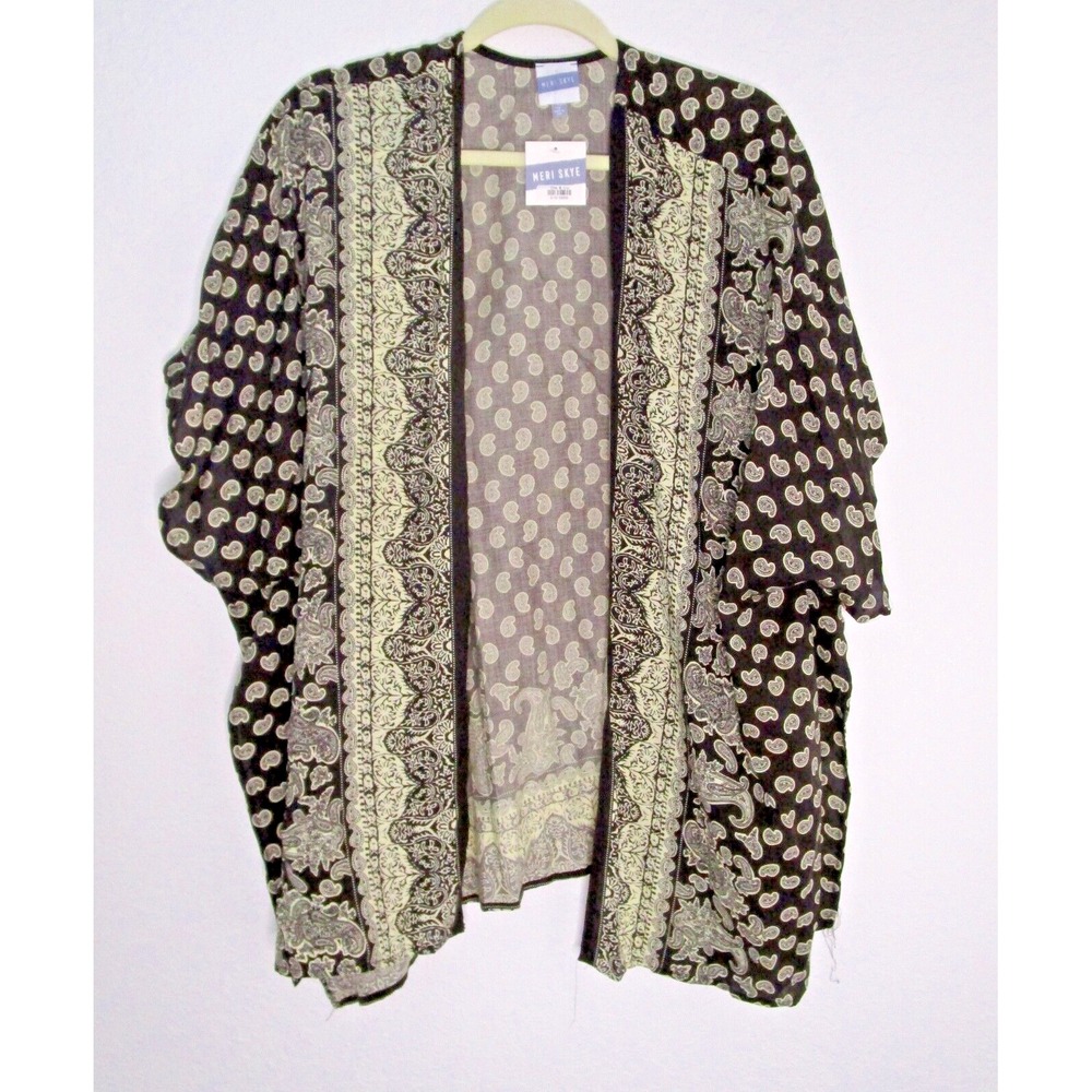 Meri Skye Women's 1X Kimono Black Paisly Open Coverup Top Boho NEW NWT